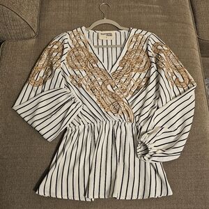 Savanna Jane Black White Striped Tan Embroidered Boho V-neck Wrap Top Small
